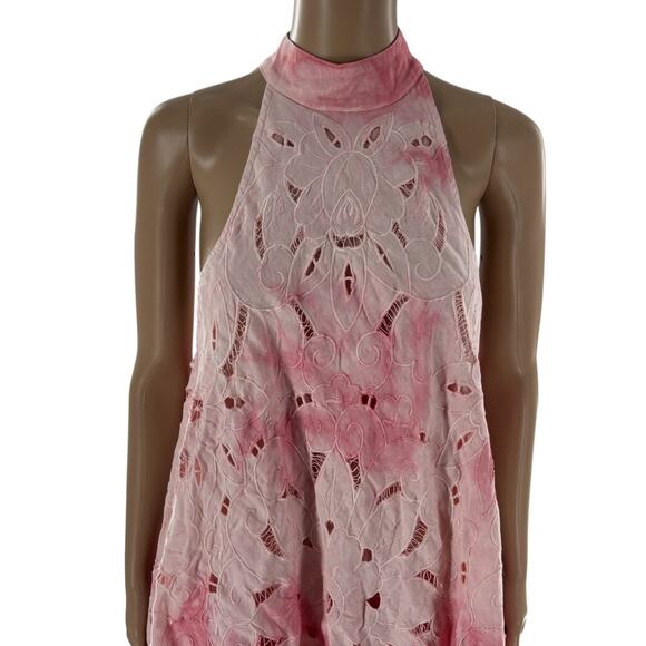 Free People Pink Ombre Tie Dye Eyelet Linen Trapeze Flowy Mini Dress - Picture 3 of 11